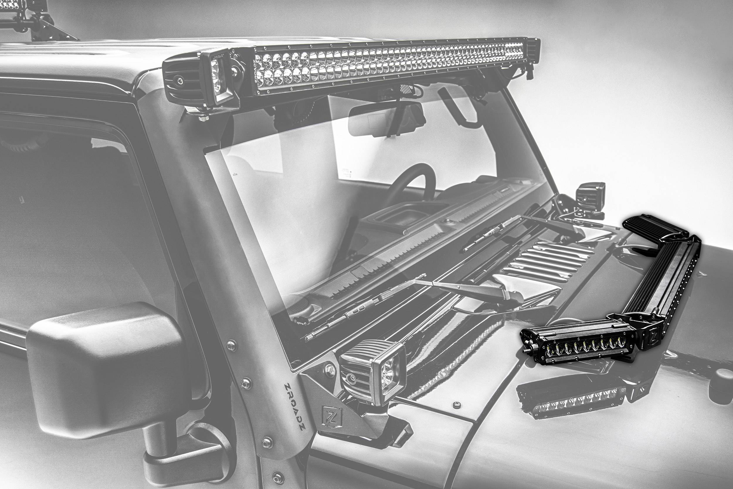 ZROADZ OFF ROAD PRODUCTS - 2007-2018 Jeep JK Hood Hinge LED Kit with (1) 20 Inch and (2) 6 Inch LED Single Row Slim Light Bars - PN #Z344813-KIT - Image 1