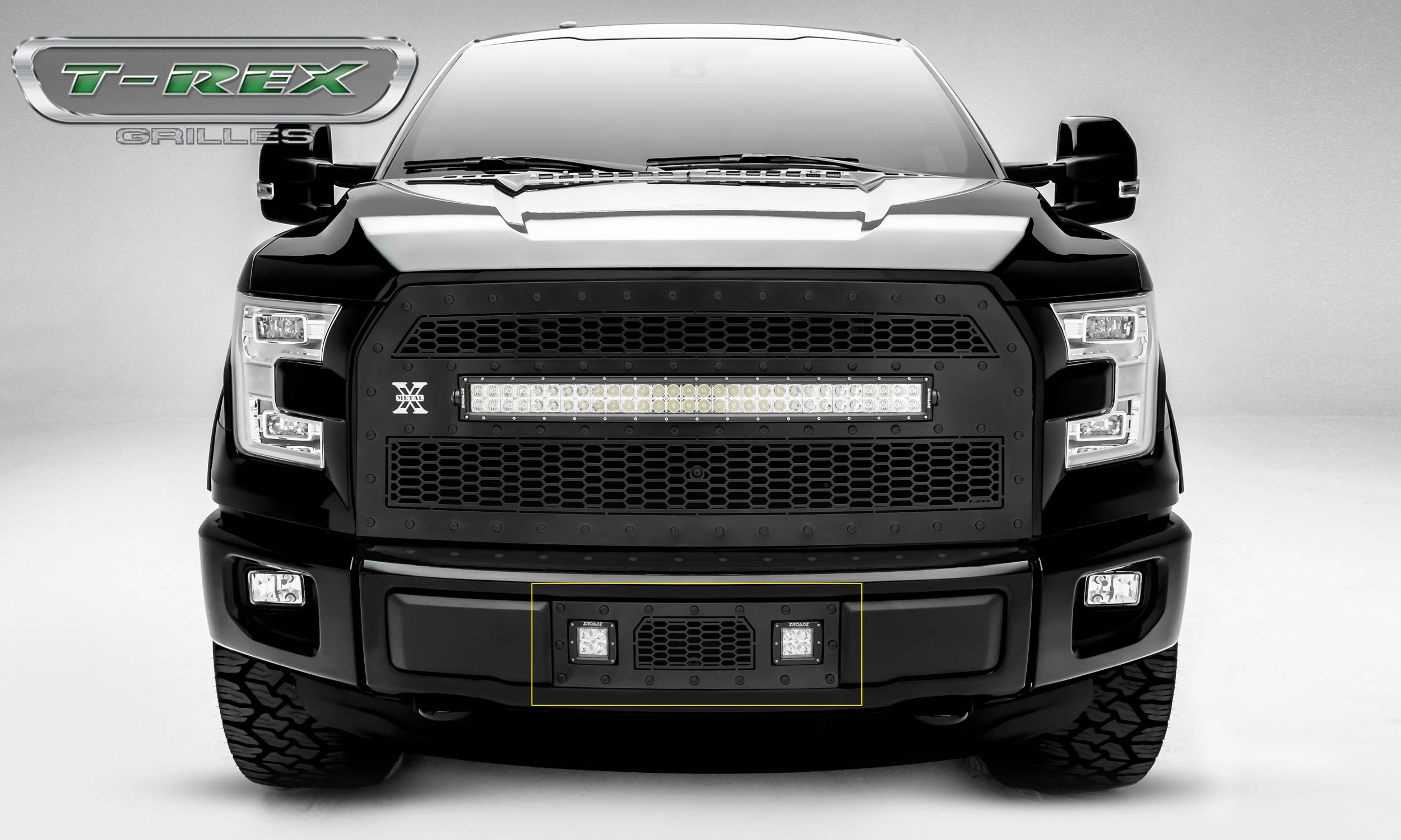 T-REX GRILLES - 2015-2017 Ford F-150 Stealth Laser Torch Bumper Grille, Black, 1 Pc, Insert, Black Studs with (2) 3 LED Cube Lights - Part # 7325731-BR - Image 1