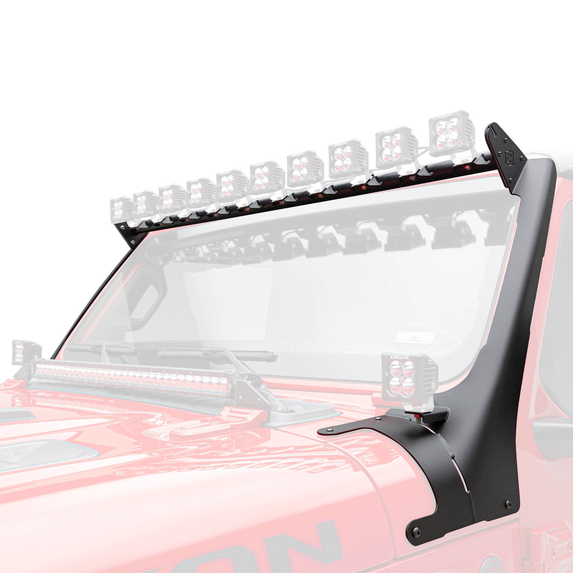 ZROADZ OFF ROAD PRODUCTS - 2018-2026 Jeep JL/2019-2026 Gladiator, Multi-LED Roof Cross Bar and 2-Pod A-Pillar Brackets ONLY, Holds (12) 3-Inch ZROADZ Light Pods, (Not Included) - Part # Z934931-BK2 - Image 1
