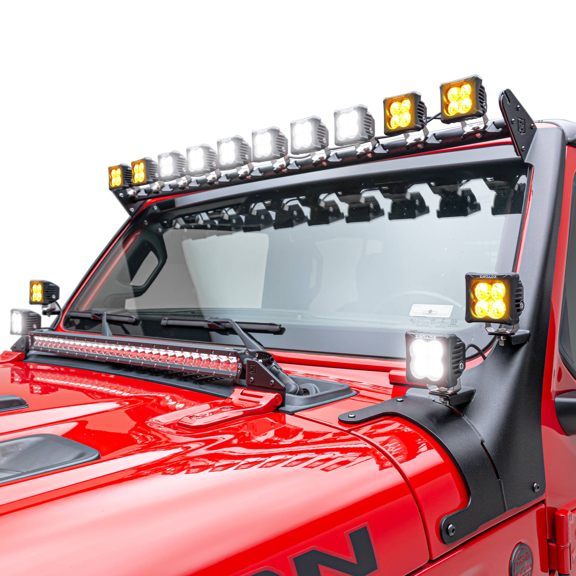 ZROADZ OFF ROAD PRODUCTS - 2018-2026 Jeep JL/2019-2026 Gladiator, Multi-LED Roof Cross Bar and 4-Pod A-Pillar Complete KIT, Includes (14) 3-Inch ZROADZ Light Pods - Part # Z934931-KIT4AW - Image 1