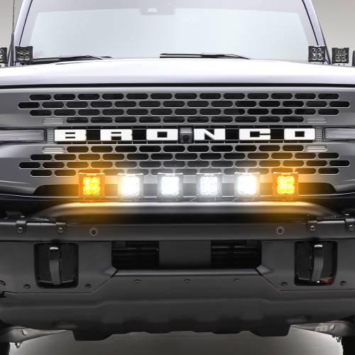 2021-2026 Ford Bronco Front Bumper Top LED Kit with (4) 3 Inch White and (2) 3 Inch Amber LED Light Pods - PN #Z325431-KITAW